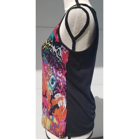 Peter Nygard Women's Sz Small Tank Top Floral Sequin Bold Neon Pink Stretch - Picture 4 of 9